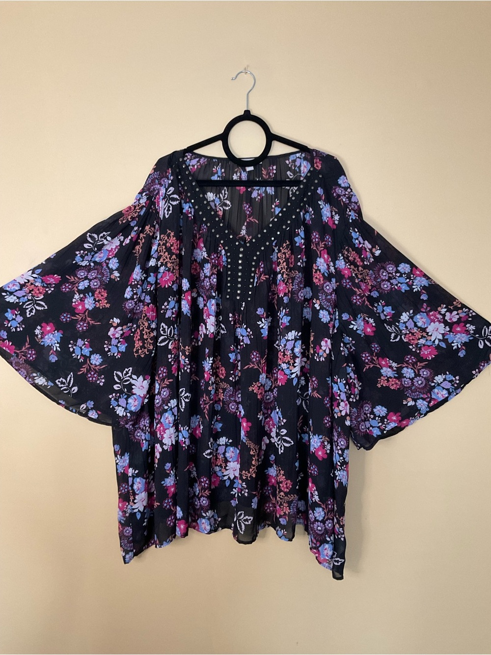 Woman Within Sheer Black Floral Bell-Sleeve Tunic with Pink & Blue Blooms